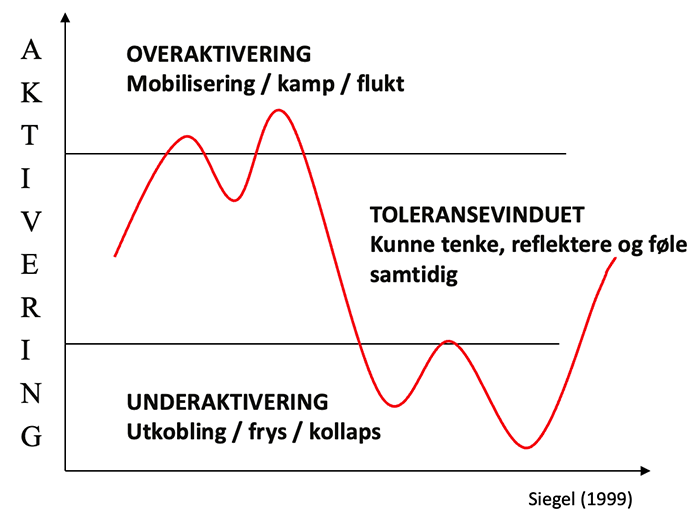 Illustrasjon av Siegels teori om toleransevinduet. Overaktivering er over vinduet, det fører til mobilisering/kamp/flukt. Underaktivering er nedenfor toleransevinduet og fører til utkobling/frys/kollaps.